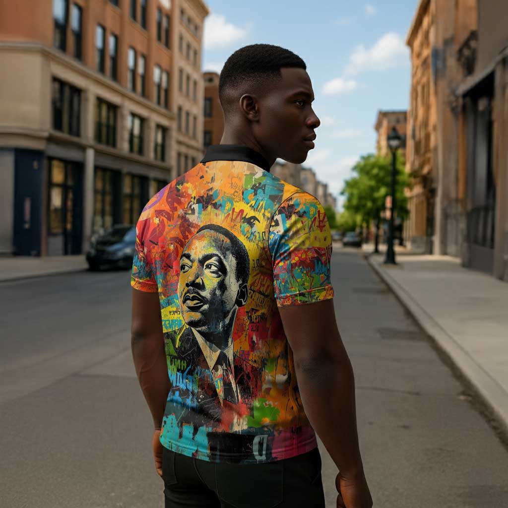 Martin Luther King Jr Zipper Polo Shirt Colorful Street Art Portrait Black History Graffiti Style - African Pride