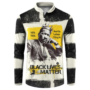 Martin Luther King Jr Button Sweatshirt Black Lives Matter Street Art Portrait Civil Rights Tribute Bold Striped
