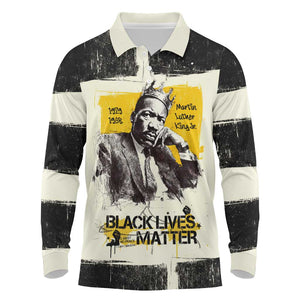 Martin Luther King Jr Long Sleeve Polo Shirt Black Lives Matter Street Art Portrait Civil Rights Tribute Bold Striped - African Pride