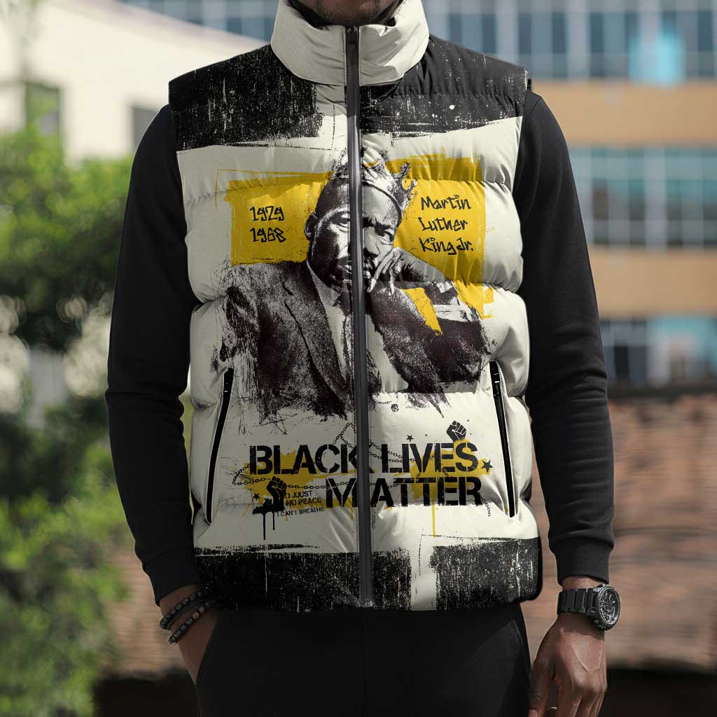 Martin Luther King Jr Sleeveless Puffer Jacket Black Lives Matter Street Art Portrait Civil Rights Tribute Bold Striped - African Pride