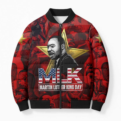 MLK Day Bomber Puffer Jacket Martin Luther King Jr Tribute American Flag Lettering - African Pride