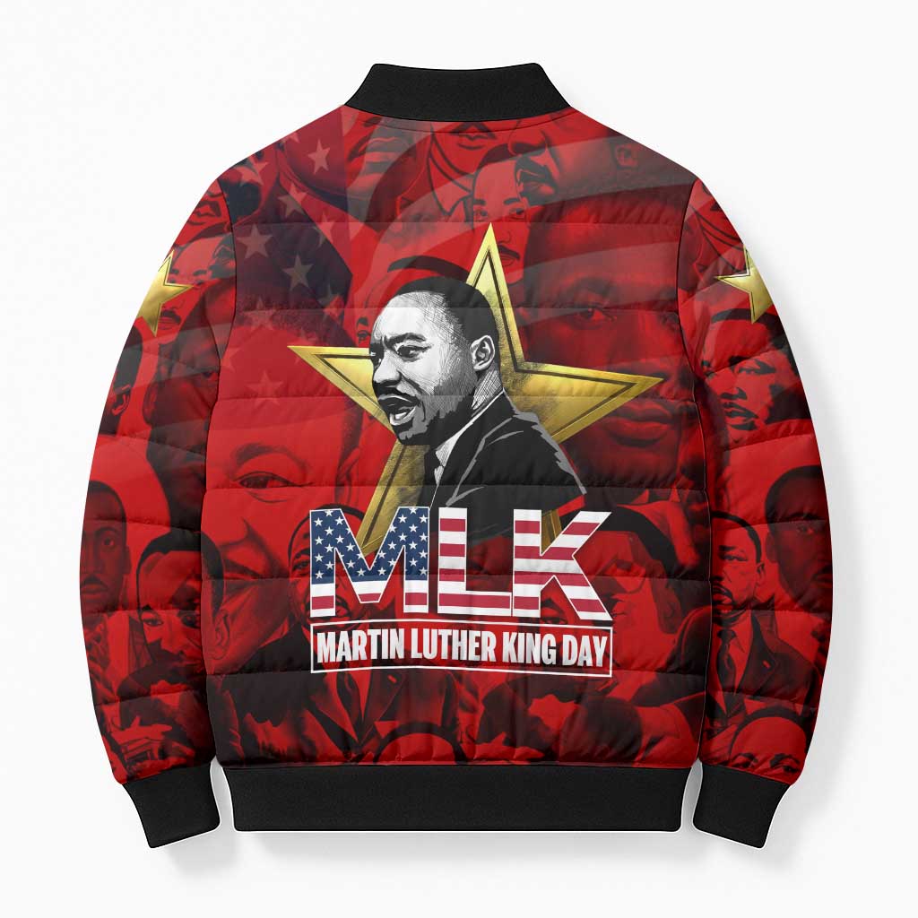 MLK Day Bomber Puffer Jacket Martin Luther King Jr Tribute American Flag Lettering - African Pride