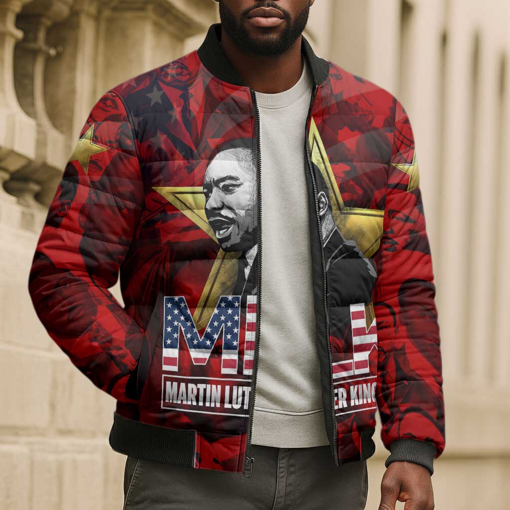 MLK Day Bomber Puffer Jacket Martin Luther King Jr Tribute American Flag Lettering - African Pride