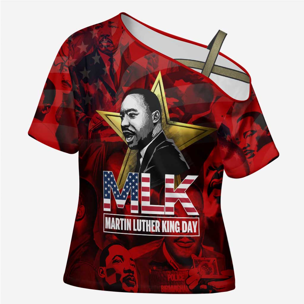 MLK Day Cross Shoulder Shirt Martin Luther King Jr Tribute American Flag Lettering - African Pride