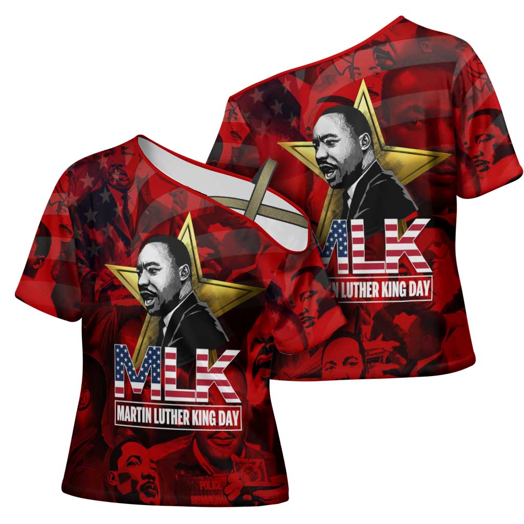 MLK Day Cross Shoulder Shirt Martin Luther King Jr Tribute American Flag Lettering - African Pride