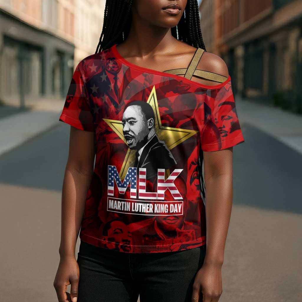 MLK Day Cross Shoulder Shirt Martin Luther King Jr Tribute American Flag Lettering - African Pride