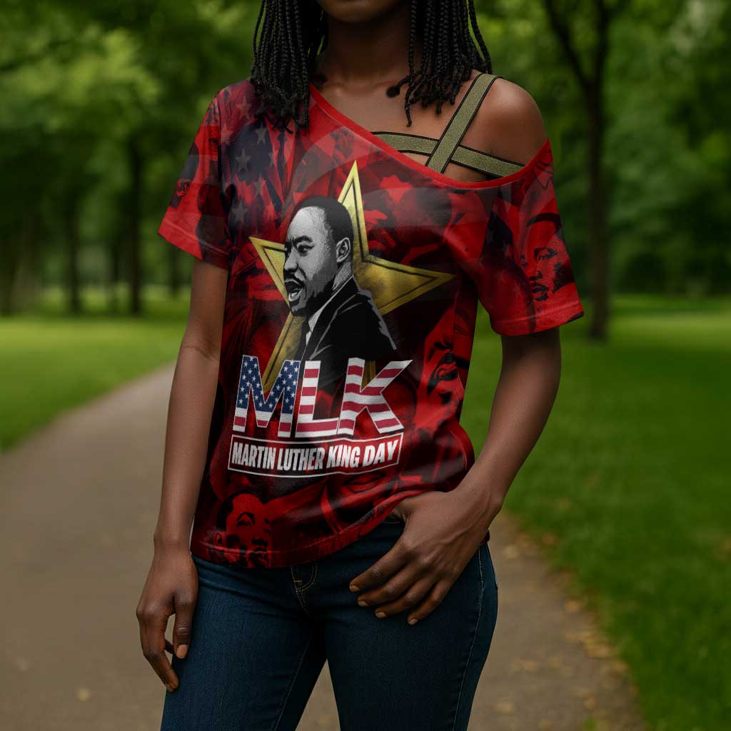 MLK Day Cross Shoulder Shirt Martin Luther King Jr Tribute American Flag Lettering - African Pride