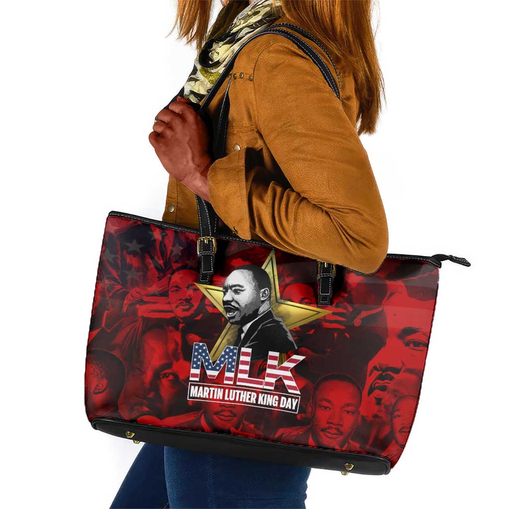 MLK Day Leather Tote Bag Martin Luther King Jr Tribute American Flag Lettering - African Pride
