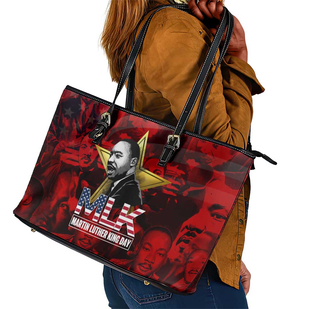 MLK Day Leather Tote Bag Martin Luther King Jr Tribute American Flag Lettering - African Pride