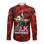 MLK Day Long Sleeve Button Shirt Martin Luther King Jr Tribute American Flag Lettering - African Pride