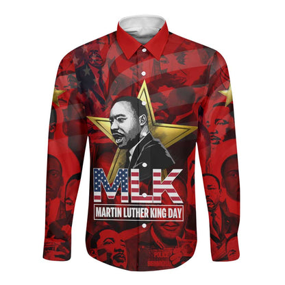 MLK Day Long Sleeve Button Shirt Martin Luther King Jr Tribute American Flag Lettering - African Pride