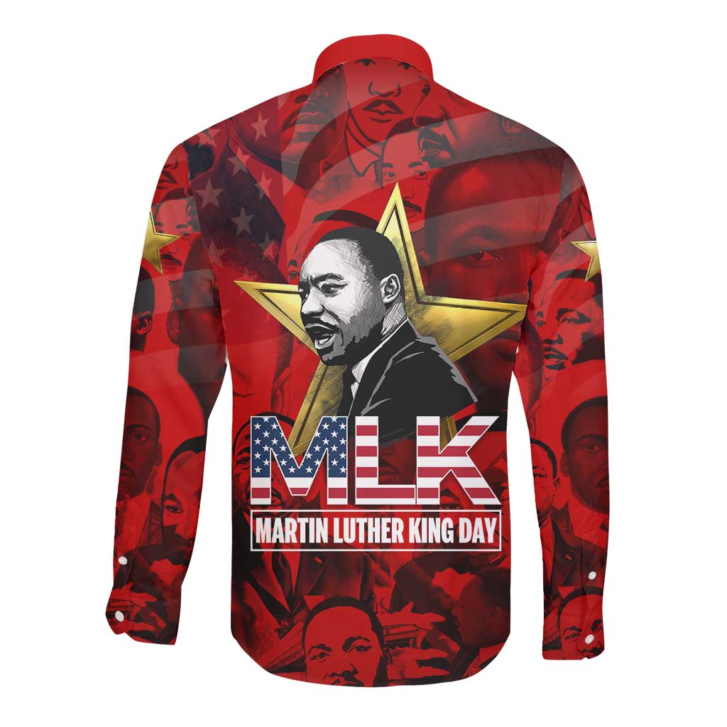 MLK Day Long Sleeve Button Shirt Martin Luther King Jr Tribute American Flag Lettering - African Pride