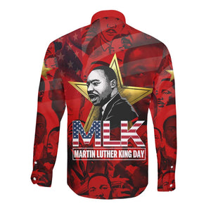 MLK Day Long Sleeve Button Shirt Martin Luther King Jr Tribute American Flag Lettering - African Pride