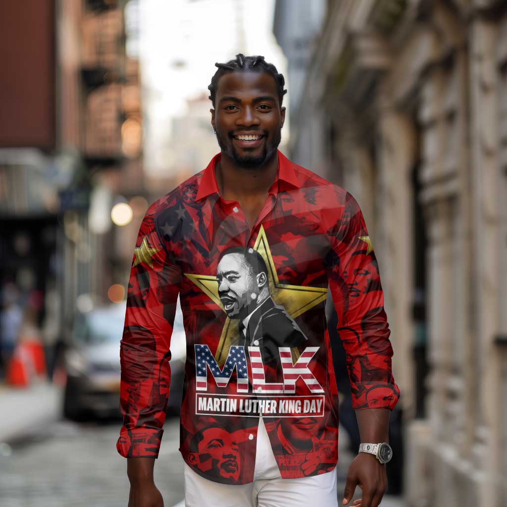 MLK Day Long Sleeve Button Shirt Martin Luther King Jr Tribute American Flag Lettering - African Pride