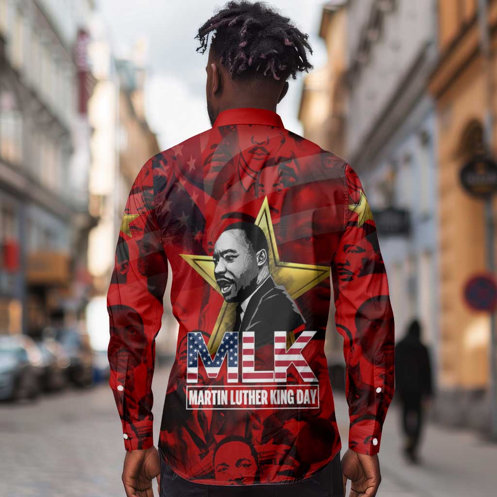 MLK Day Long Sleeve Button Shirt Martin Luther King Jr Tribute American Flag Lettering - African Pride