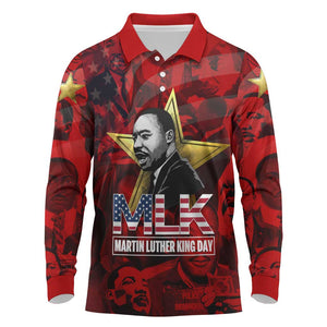 MLK Day Long Sleeve Polo Shirt Martin Luther King Jr Tribute American Flag Lettering - African Pride