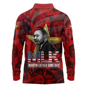 MLK Day Long Sleeve Polo Shirt Martin Luther King Jr Tribute American Flag Lettering - African Pride