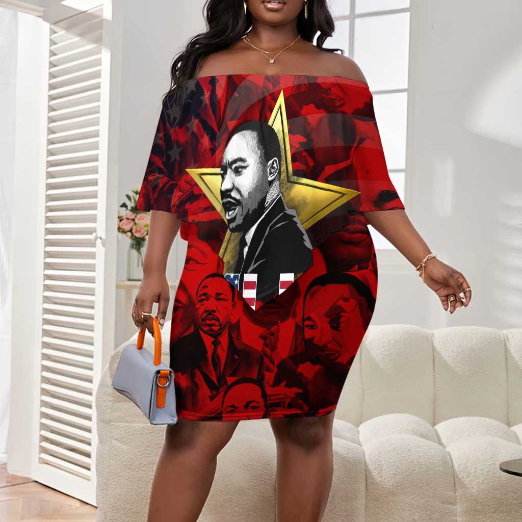 MLK Day Off Shoulder Short Dress Martin Luther King Jr Tribute American Flag Lettering - African Pride