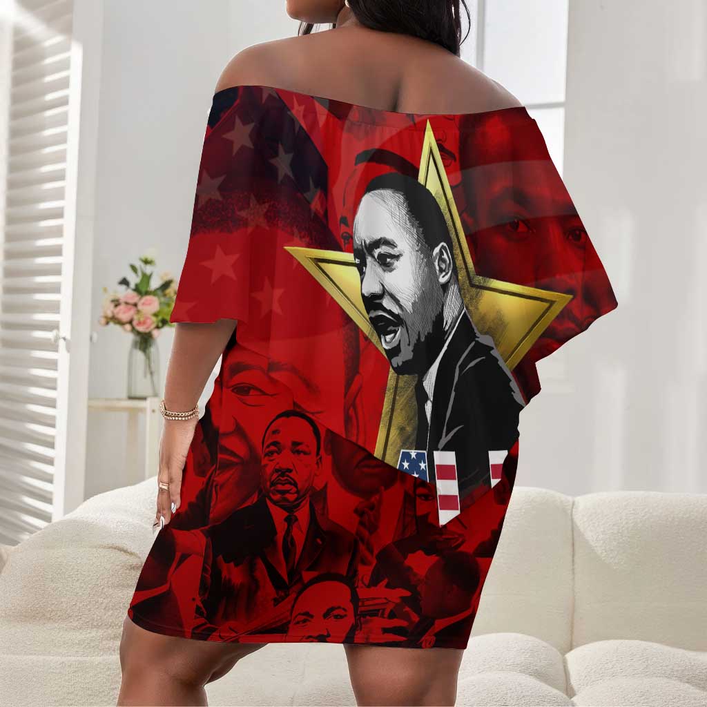 MLK Day Off Shoulder Short Dress Martin Luther King Jr Tribute American Flag Lettering - African Pride