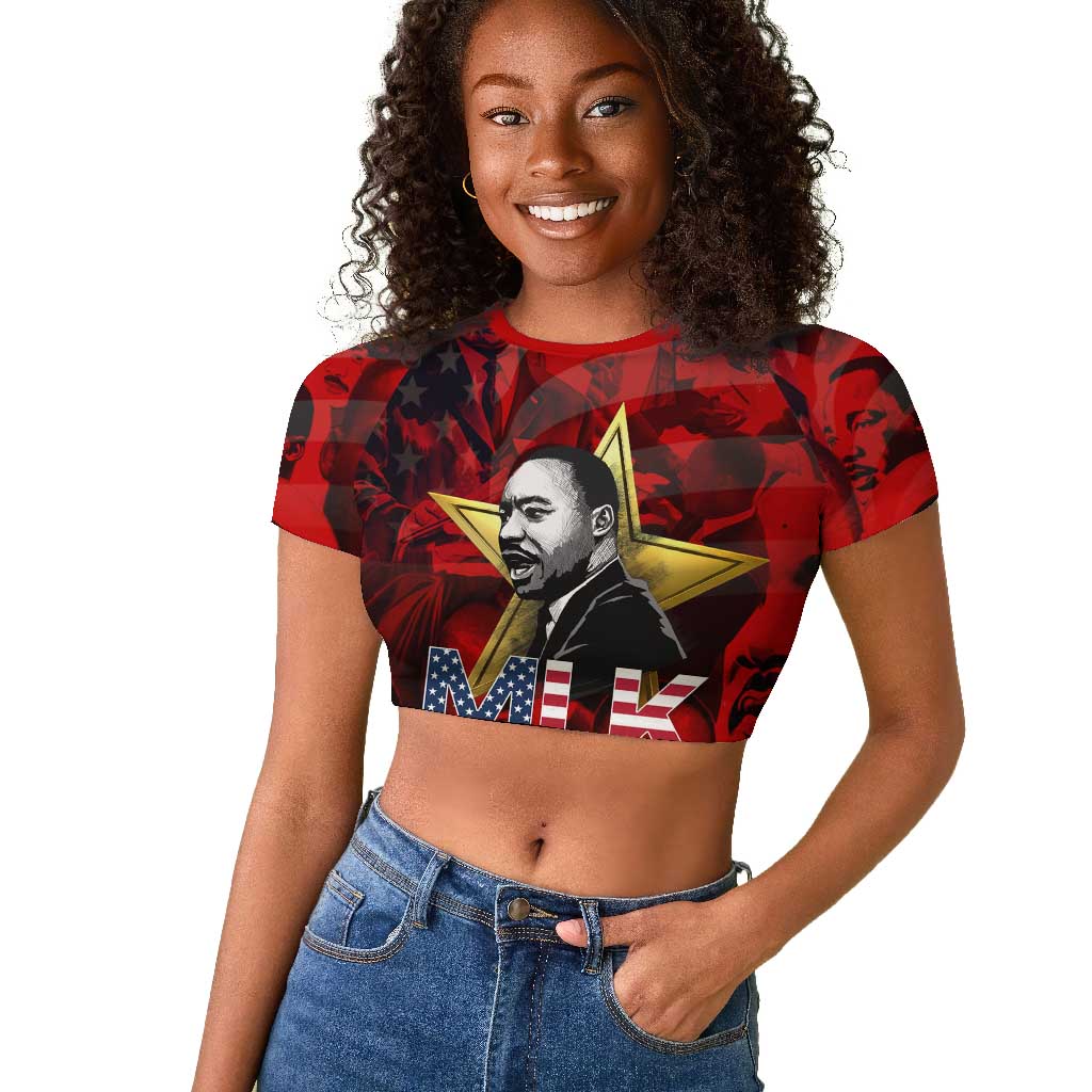 MLK Day Raglan Cropped T shirt Martin Luther King Jr Tribute American Flag Lettering TS04