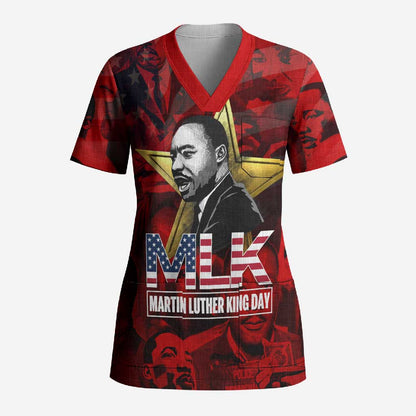 MLK Day Scrub Top Martin Luther King Jr Tribute American Flag Lettering - African Pride