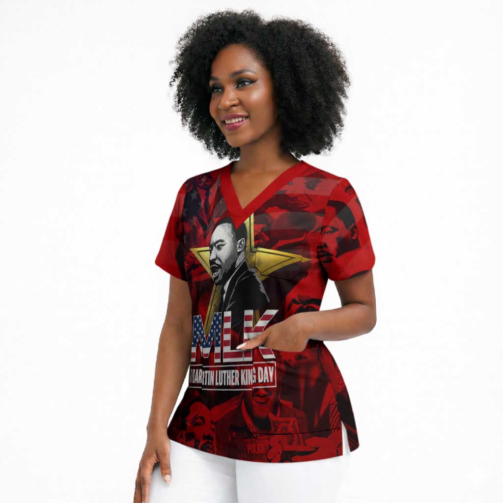MLK Day Scrub Top Martin Luther King Jr Tribute American Flag Lettering - African Pride