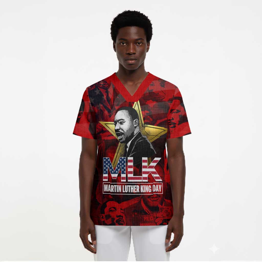 MLK Day Scrub Top Martin Luther King Jr Tribute American Flag Lettering - African Pride