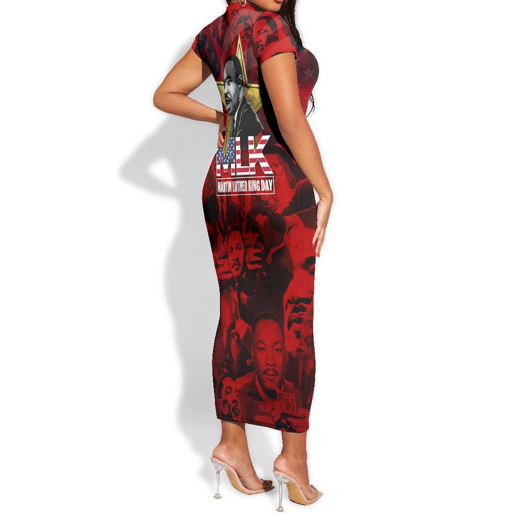 MLK Day Short Sleeve Bodycon Dress Martin Luther King Jr Tribute American Flag Lettering TS04