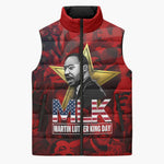 MLK Day Sleeveless Puffer Jacket Martin Luther King Jr Tribute American Flag Lettering - African Pride