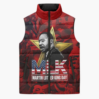 MLK Day Sleeveless Puffer Jacket Martin Luther King Jr Tribute American Flag Lettering - African Pride