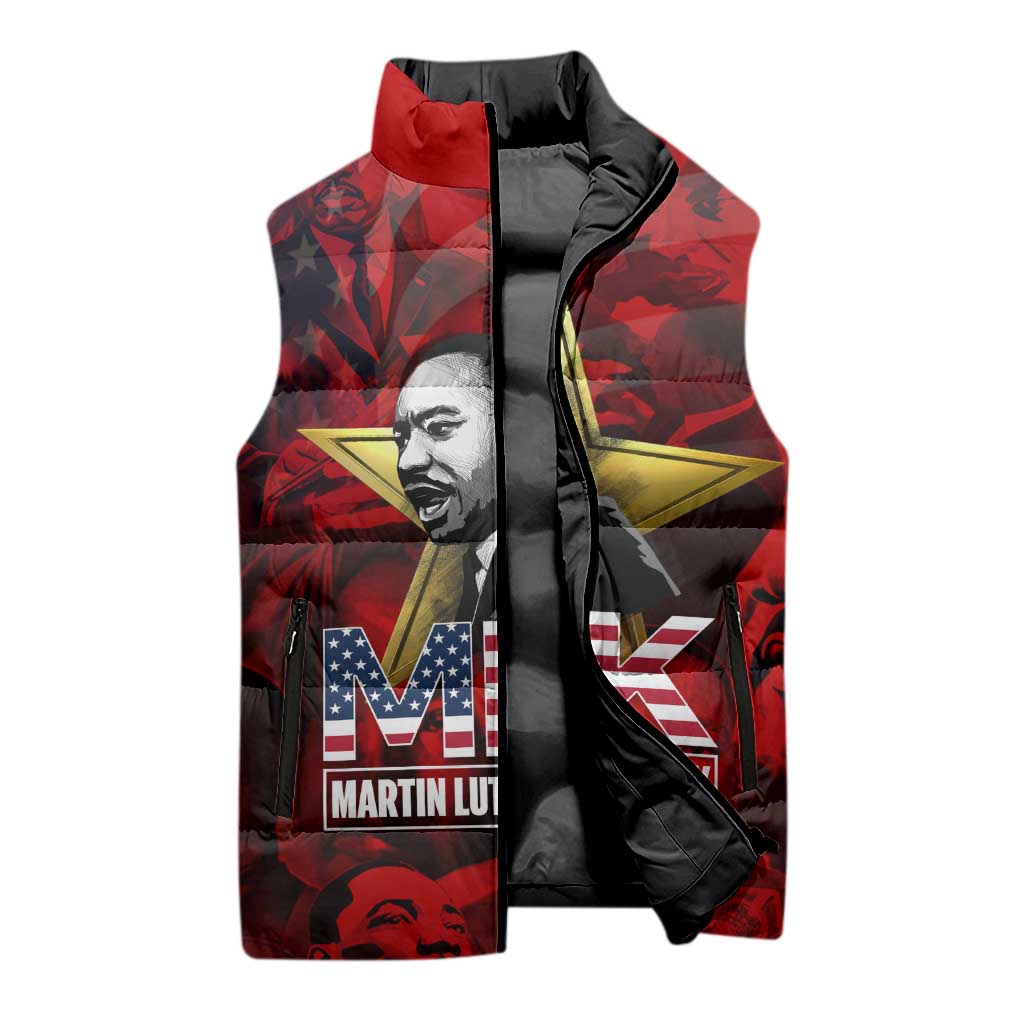 MLK Day Sleeveless Puffer Jacket Martin Luther King Jr Tribute American Flag Lettering - African Pride