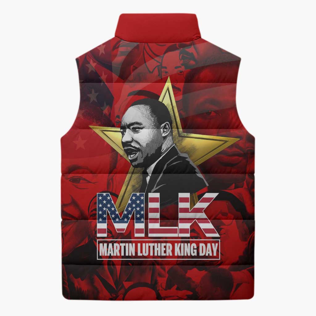 MLK Day Sleeveless Puffer Jacket Martin Luther King Jr Tribute American Flag Lettering - African Pride
