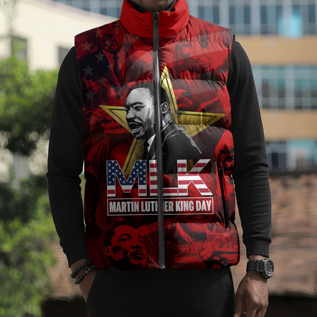 MLK Day Sleeveless Puffer Jacket Martin Luther King Jr Tribute American Flag Lettering - African Pride