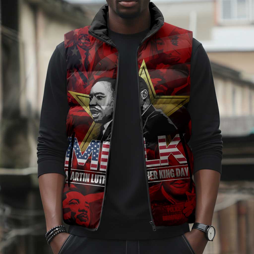 MLK Day Sleeveless Puffer Jacket Martin Luther King Jr Tribute American Flag Lettering - African Pride