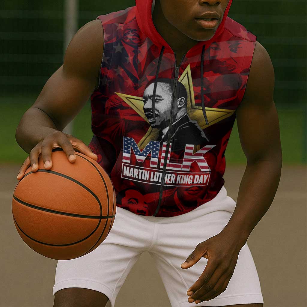 MLK Day Sleeveless Zip Hoodie Martin Luther King Jr Tribute American Flag Lettering - African Pride