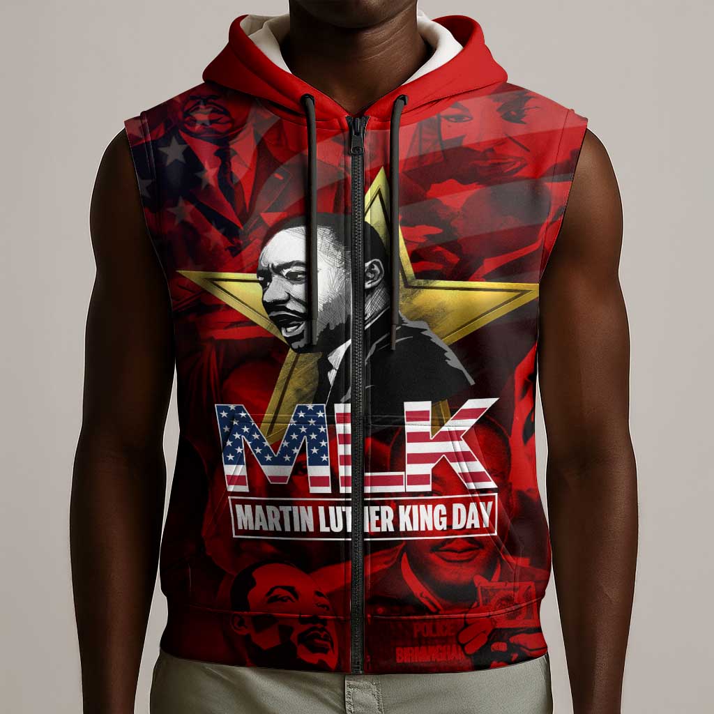 MLK Day Sleeveless Zip Hoodie Martin Luther King Jr Tribute American Flag Lettering - African Pride