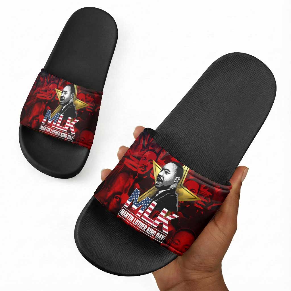 MLK Day Slide Sandals Martin Luther King Jr Tribute American Flag Lettering - African Pride