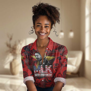 MLK Day Women Casual Shirt Martin Luther King Jr Tribute American Flag Lettering - African Pride