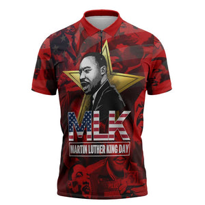 MLK Day Zipper Polo Shirt Martin Luther King Jr Tribute American Flag Lettering - African Pride