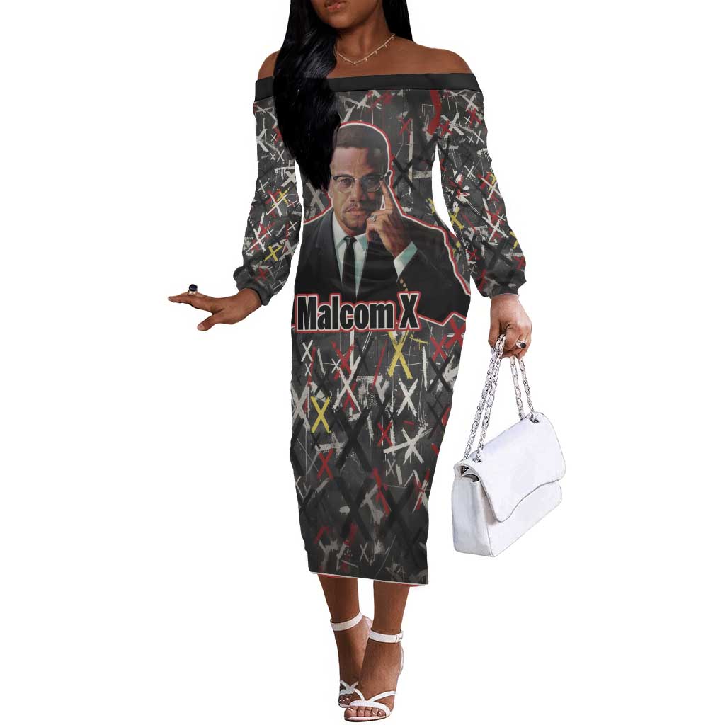 Malcolm X Off The Shoulder Long Sleeve Dress Street Art Style Portrait Quote The Future Belongs to Those Who Prepare Civil Rights Tribute - African Pride