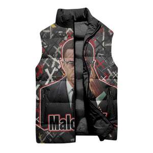 Malcolm X Sleeveless Puffer Jacket Street Art Style Portrait Quote The Future Belongs to Those Who Prepare Civil Rights Tribute - African Pride