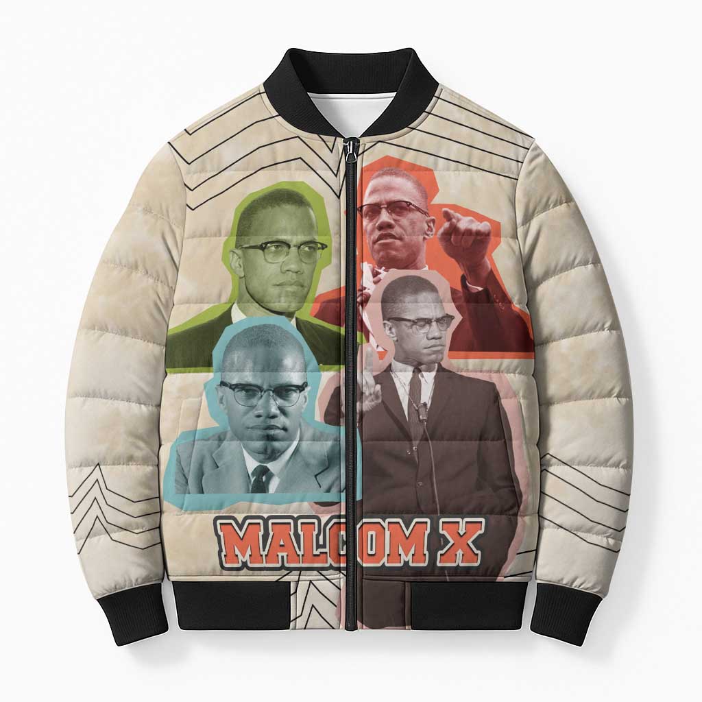 Malcolm X Bomber Puffer Jacket Pop Art Portrait Collage Civil Rights Activist Retro Style Design - African Pride