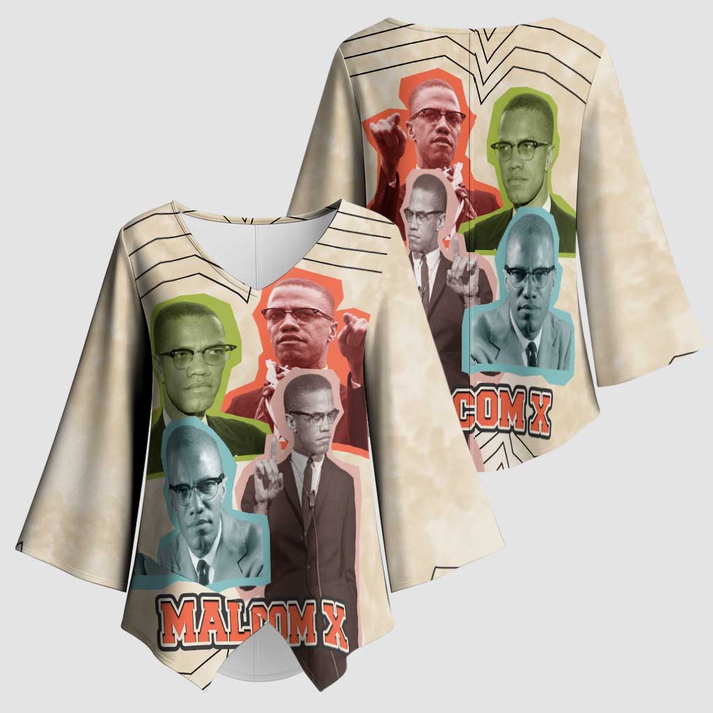 Malcolm X Kimono Sleeve Blouse Pop Art Portrait Collage Civil Rights Activist Retro Style Design - African Pride