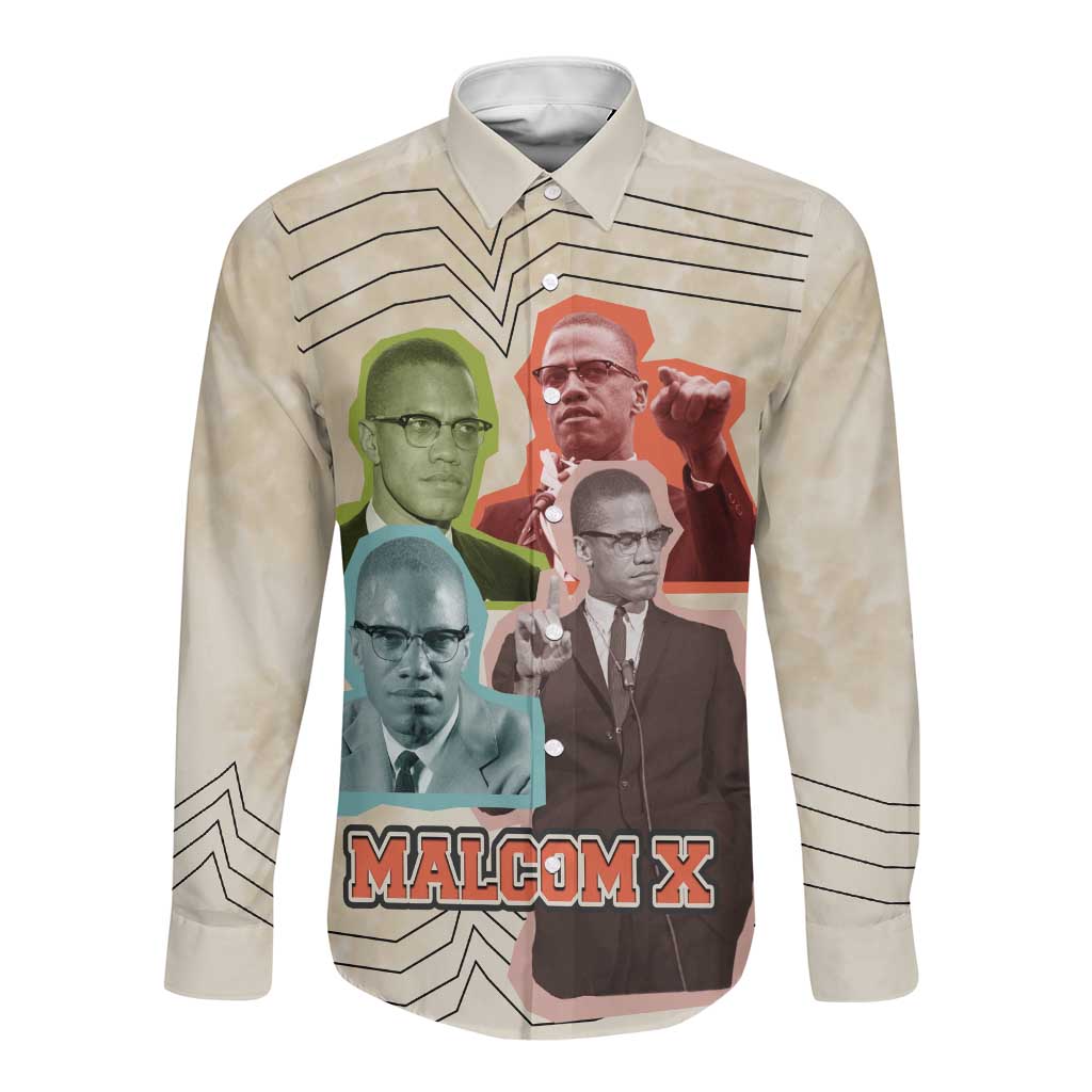 Malcolm X Long Sleeve Button Shirt Pop Art Portrait Collage Civil Rights Activist Retro Style Design - African Pride