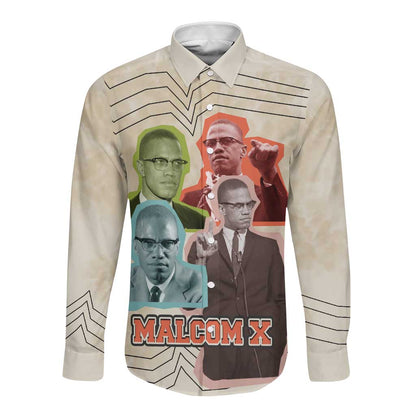Malcolm X Long Sleeve Button Shirt Pop Art Portrait Collage Civil Rights Activist Retro Style Design - African Pride