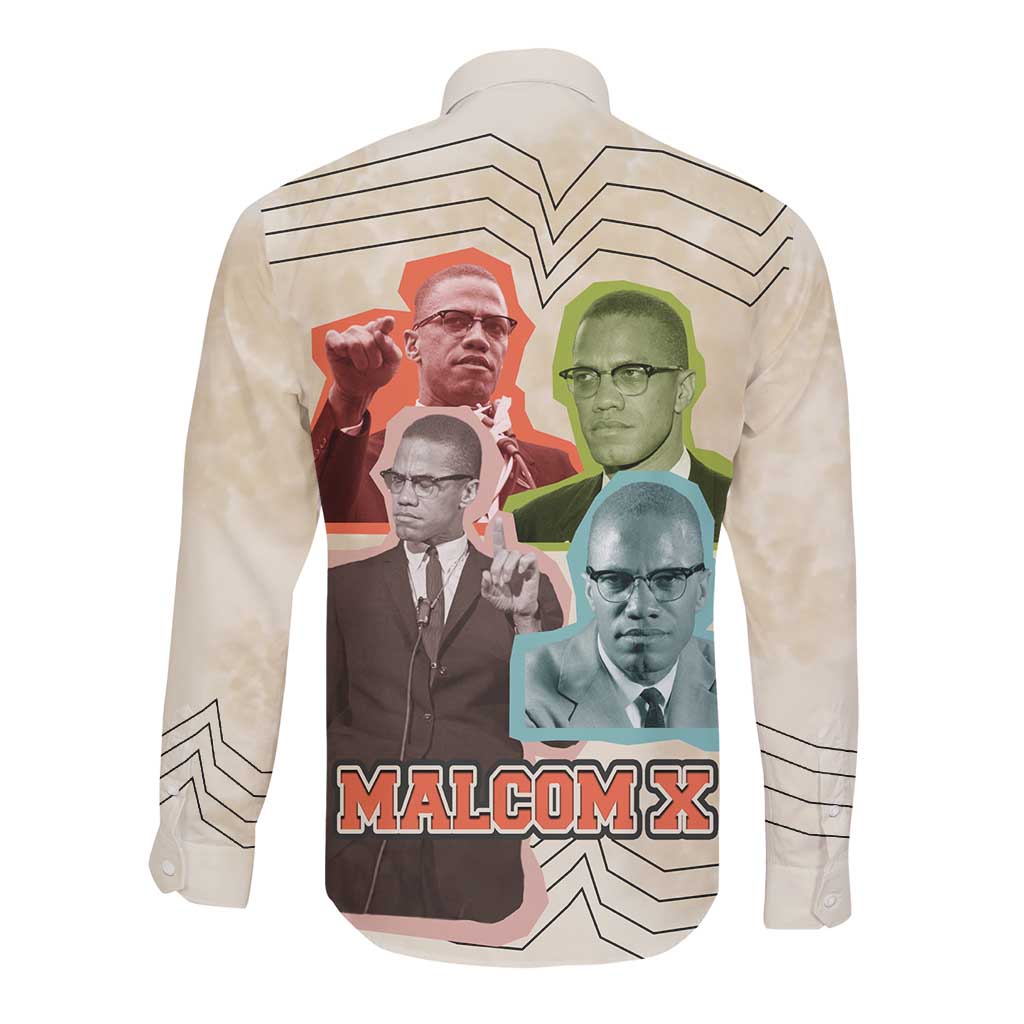 Malcolm X Long Sleeve Button Shirt Pop Art Portrait Collage Civil Rights Activist Retro Style Design - African Pride