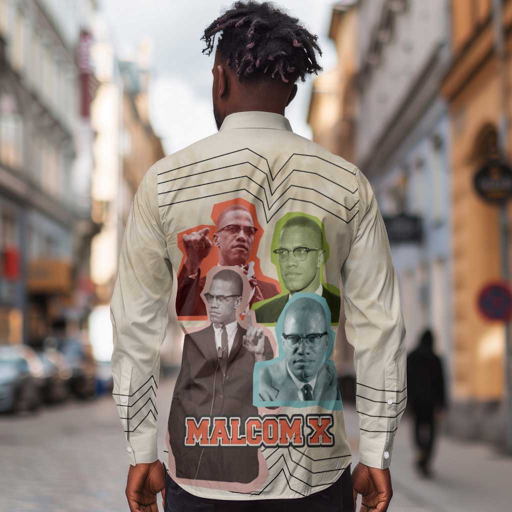Malcolm X Long Sleeve Button Shirt Pop Art Portrait Collage Civil Rights Activist Retro Style Design - African Pride