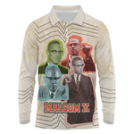 Malcolm X Long Sleeve Polo Shirt Pop Art Portrait Collage Civil Rights Activist Retro Style Design - African Pride