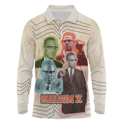 Malcolm X Long Sleeve Polo Shirt Pop Art Portrait Collage Civil Rights Activist Retro Style Design - African Pride
