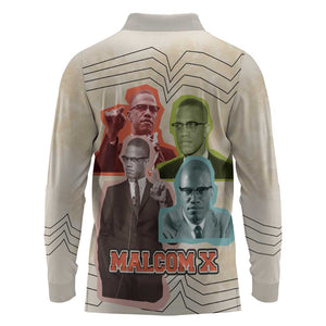 Malcolm X Long Sleeve Polo Shirt Pop Art Portrait Collage Civil Rights Activist Retro Style Design - African Pride